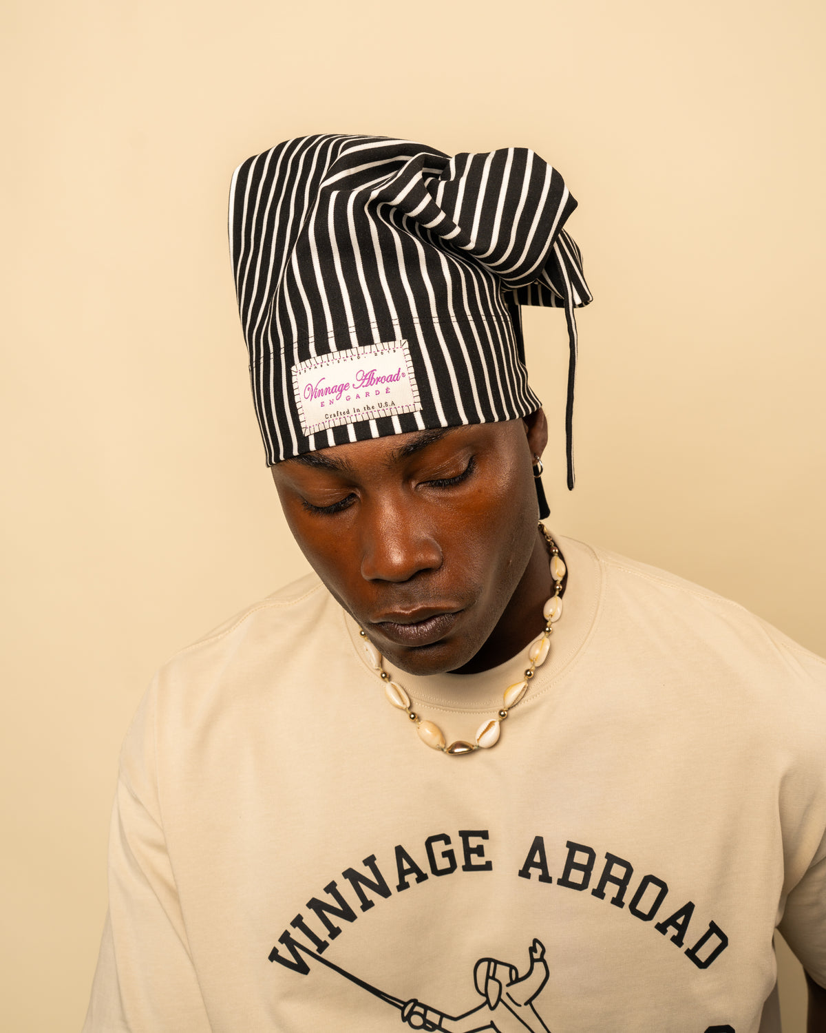 Varsity Issue Tie-Knot Beanie "Black & White Pinstripe"