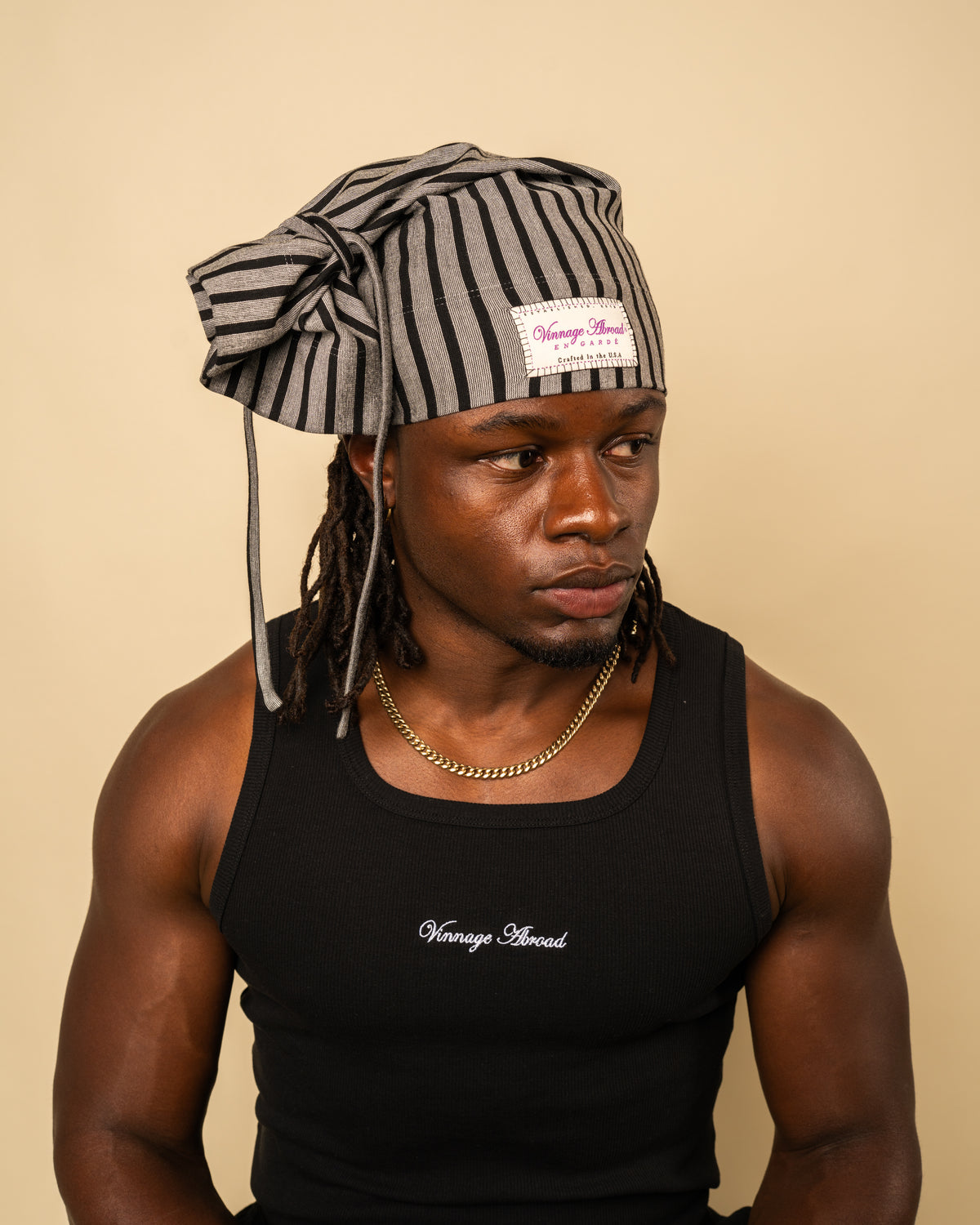 Varsity Issue Tie-Knot Beanie "Grey & Black Pinstripe"